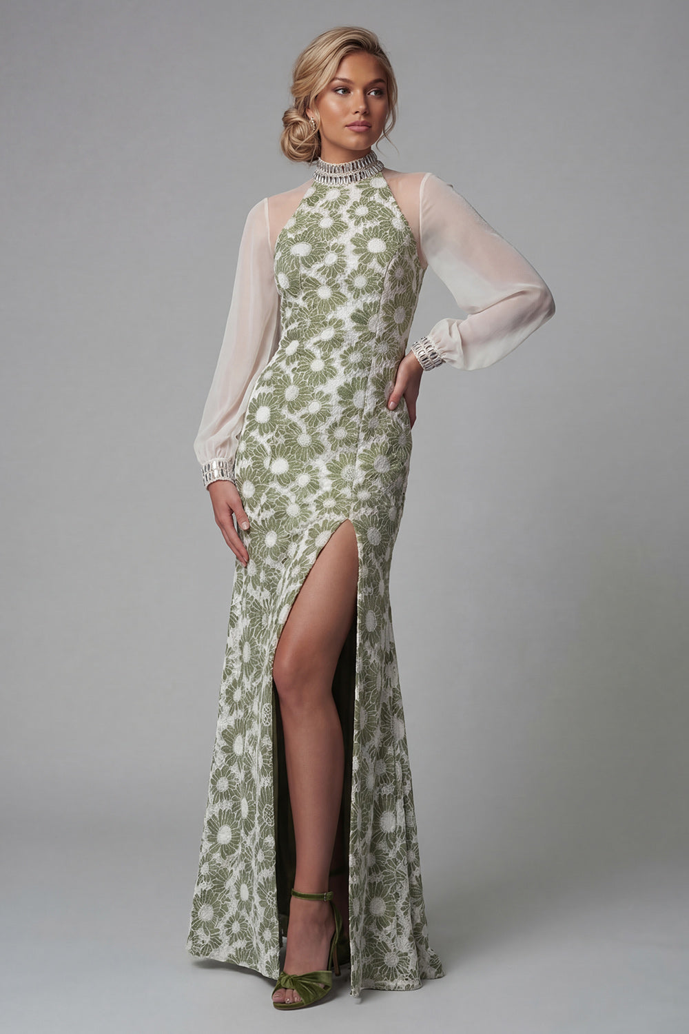 High Neck Floral Long Green Mermaid Mother of the Bride Dress with Slit