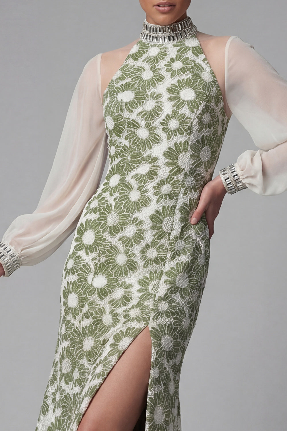 High Neck Floral Long Green Mermaid Mother of the Bride Dress with Slit