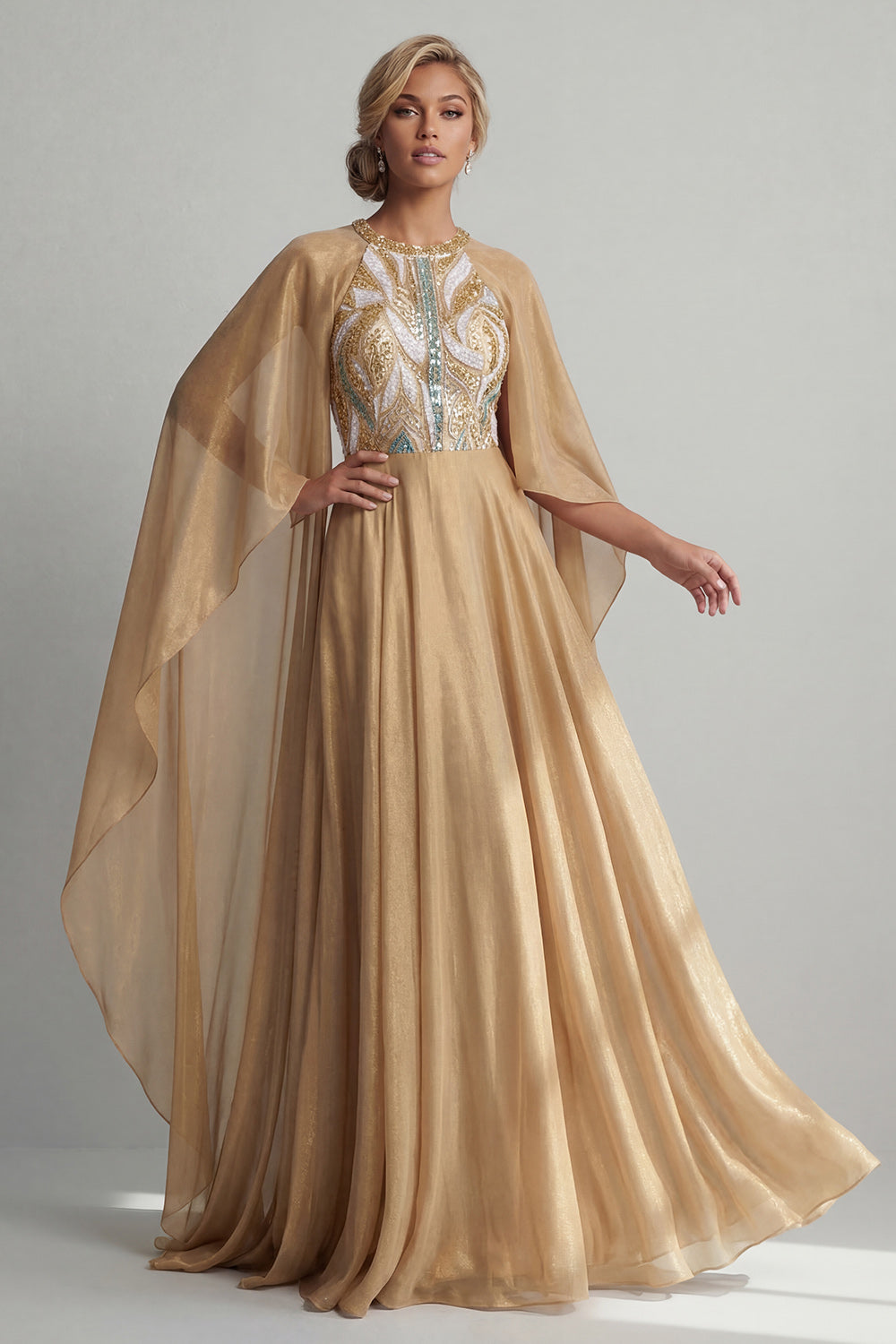 Sequin A Line Long Sparkly Champagne Mother of the Bride Dress with Cape