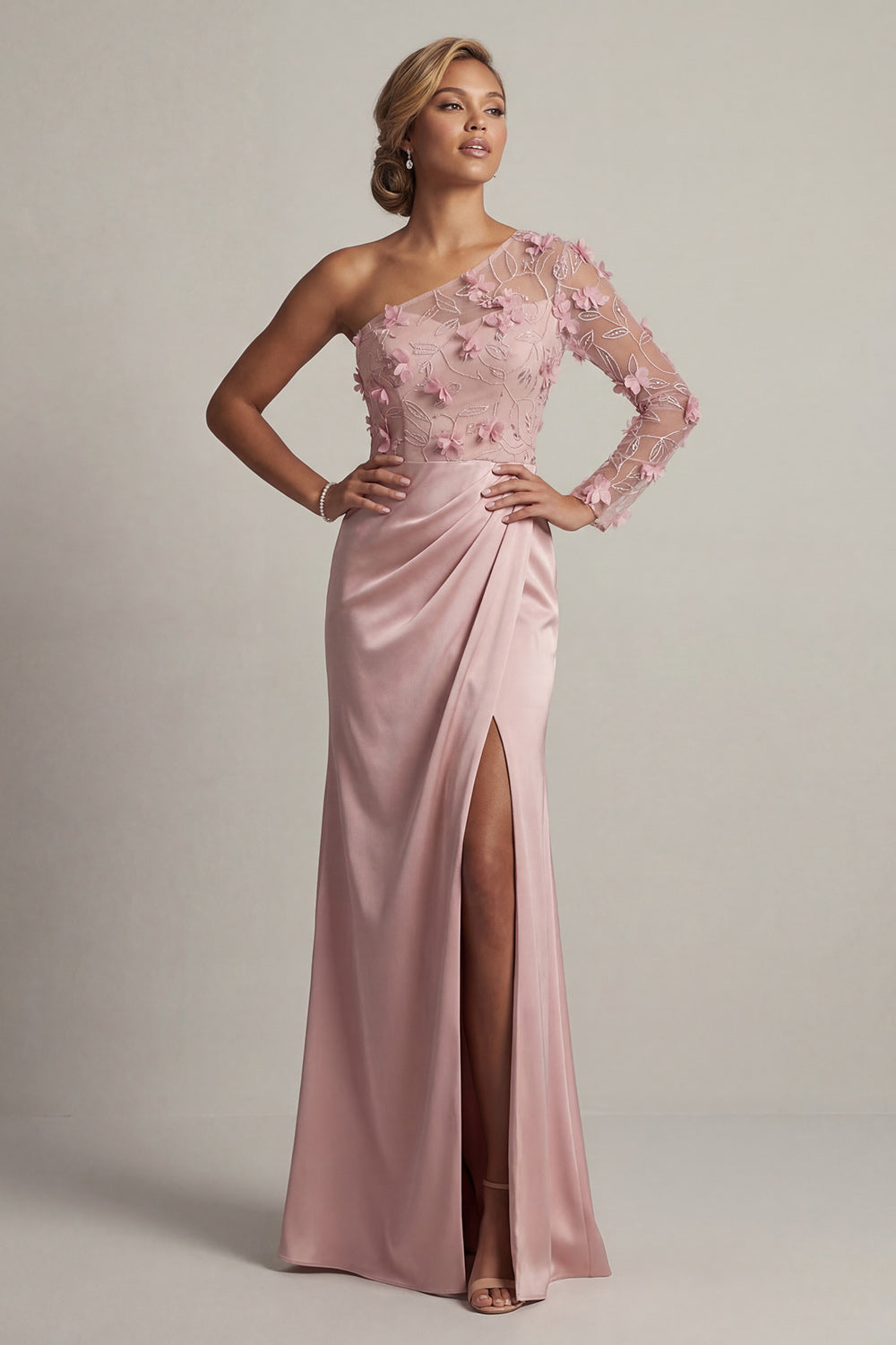 Floral Dusty Rose Mermaid Ruched Long Mother of the Bride Dress with Slit