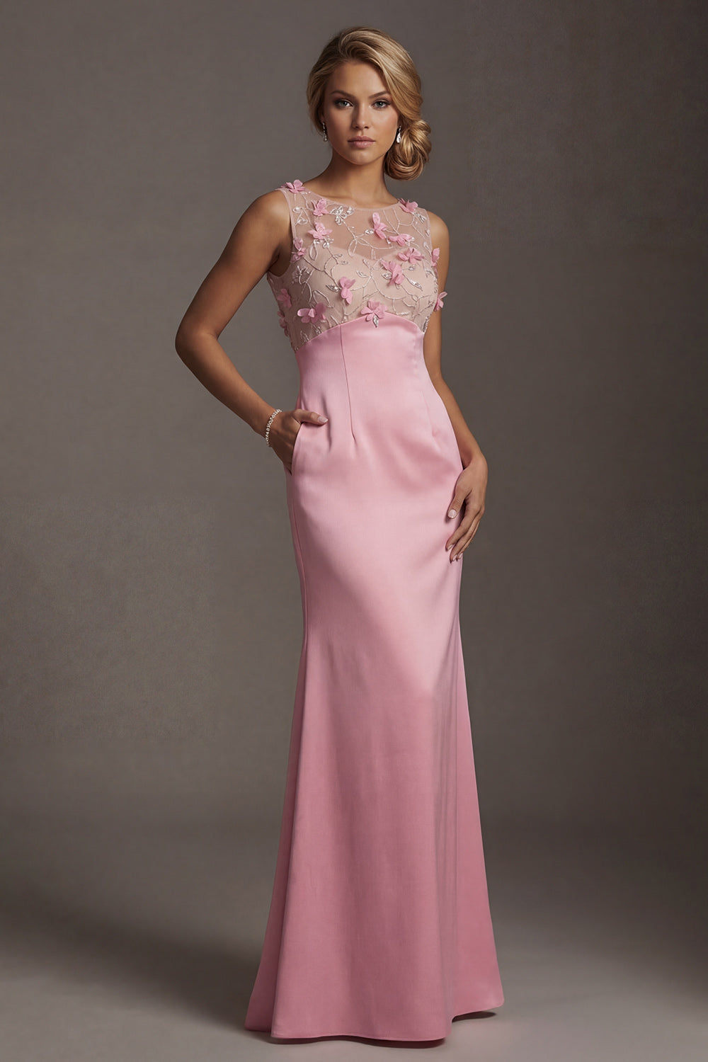 Long Floral Pink Mermaid Mother of the Bride Dress with Pocket