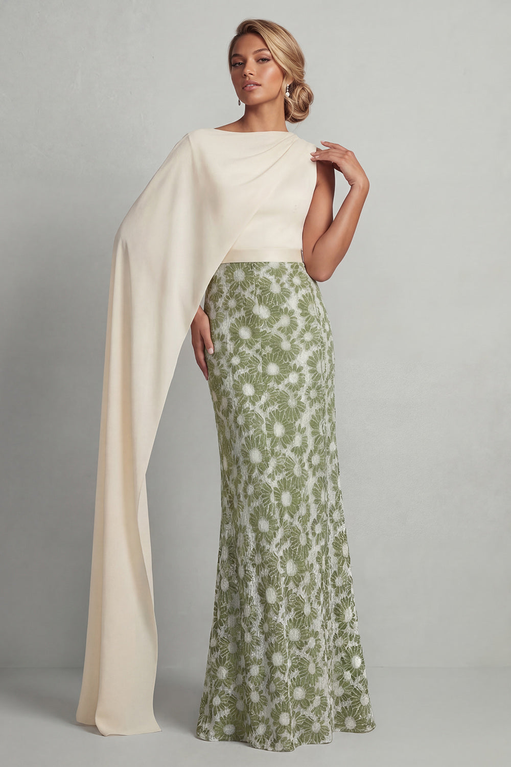 Green Mermaid Floral Long Mother of the Bride Dress with Side Cape