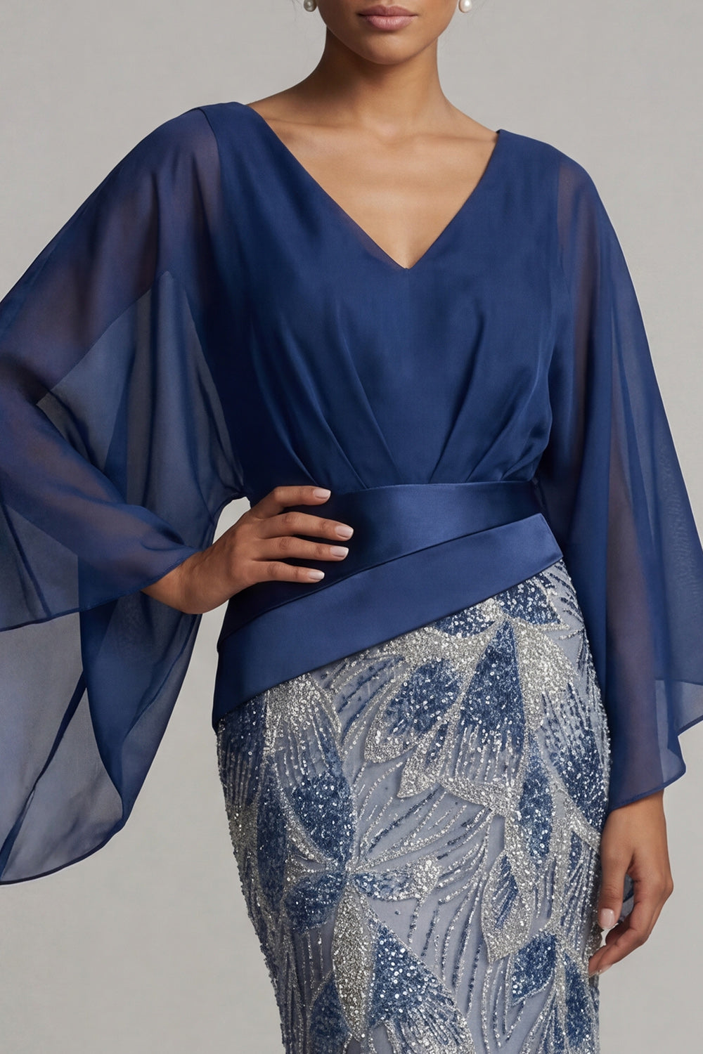 Sparkly Navy Flare Sleeves Long Mermaid Beaded Formal Dress