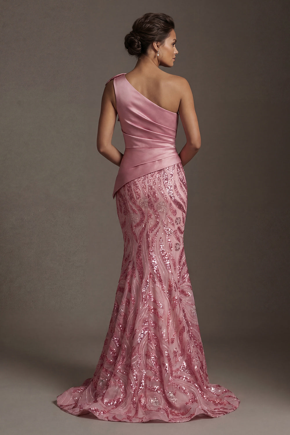 Long Mermaid Sparkly Pink Ruched Sequin Mother of the Bride Dress with Bow