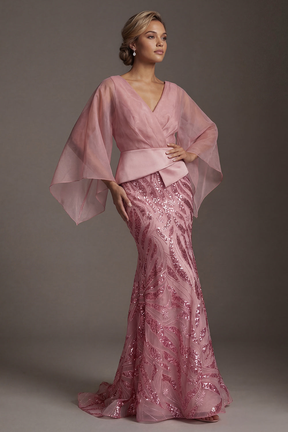 Sparkly Pink Mermaid Flare Sleeves Long Sequin Mother of the Bride Dress