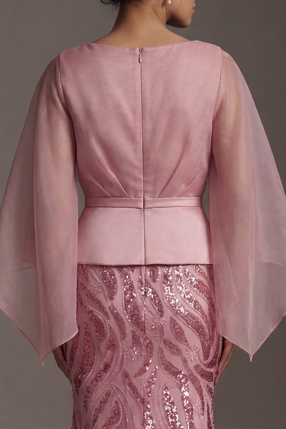 Sparkly Pink Mermaid Flare Sleeves Long Sequin Mother of the Bride Dress