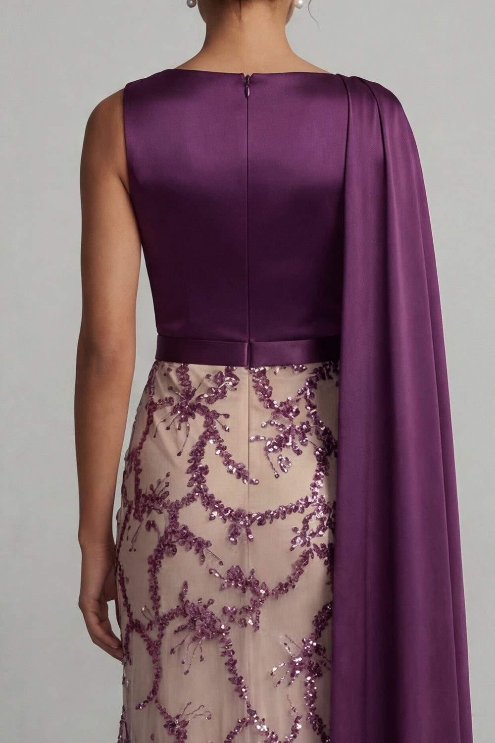 Purple Mermaid Sparkly Dark Beaded Long Mother of the Bride Dress with Side Cape