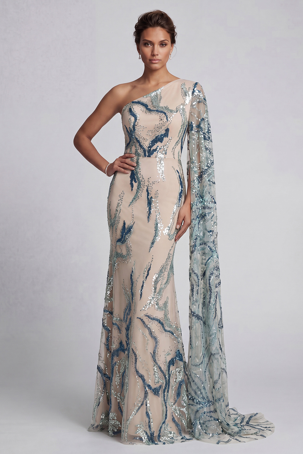 Sparkly Light Blue Long Mermaid Beaded Mother of the Bride Dress with Side Cape