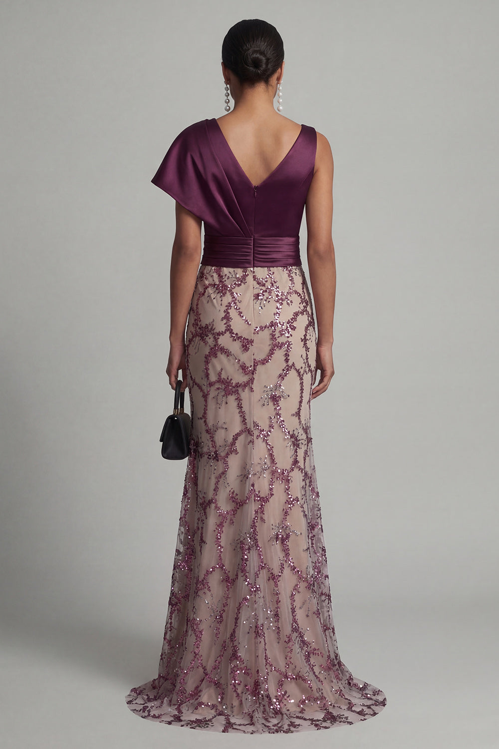 Purple Beaded V-Neck Mermaid Long Sparkly Dark Mother of the Bride Dress