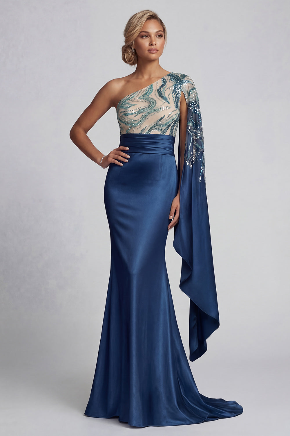 Navy Beaded Mermaid Sparkly Long Mother of the Bride Dress with Side Cape