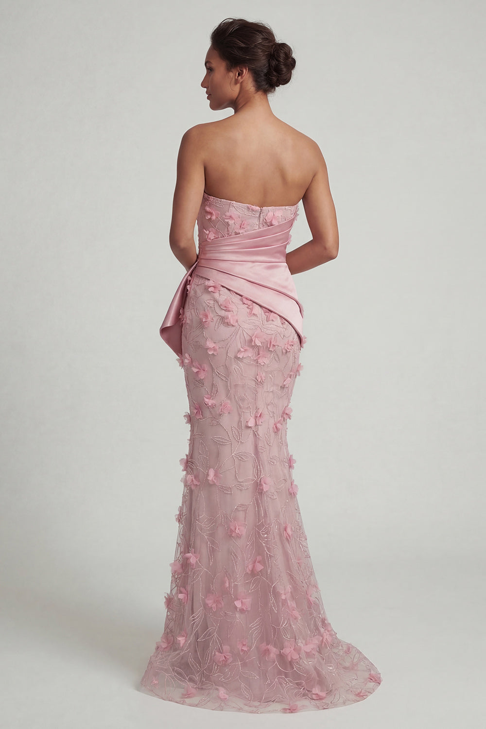 Pink Strapless Mermaid Long Floral Ruched Evening Dress with Shawl