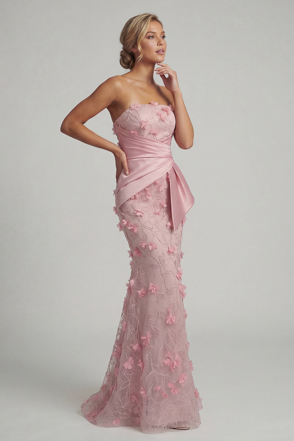 Pink Strapless Mermaid Long Floral Ruched Evening Dress with Shawl
