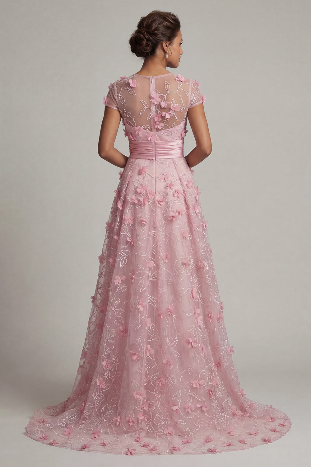 A Line Pink Long Floral Short Sleeves Evening Dress