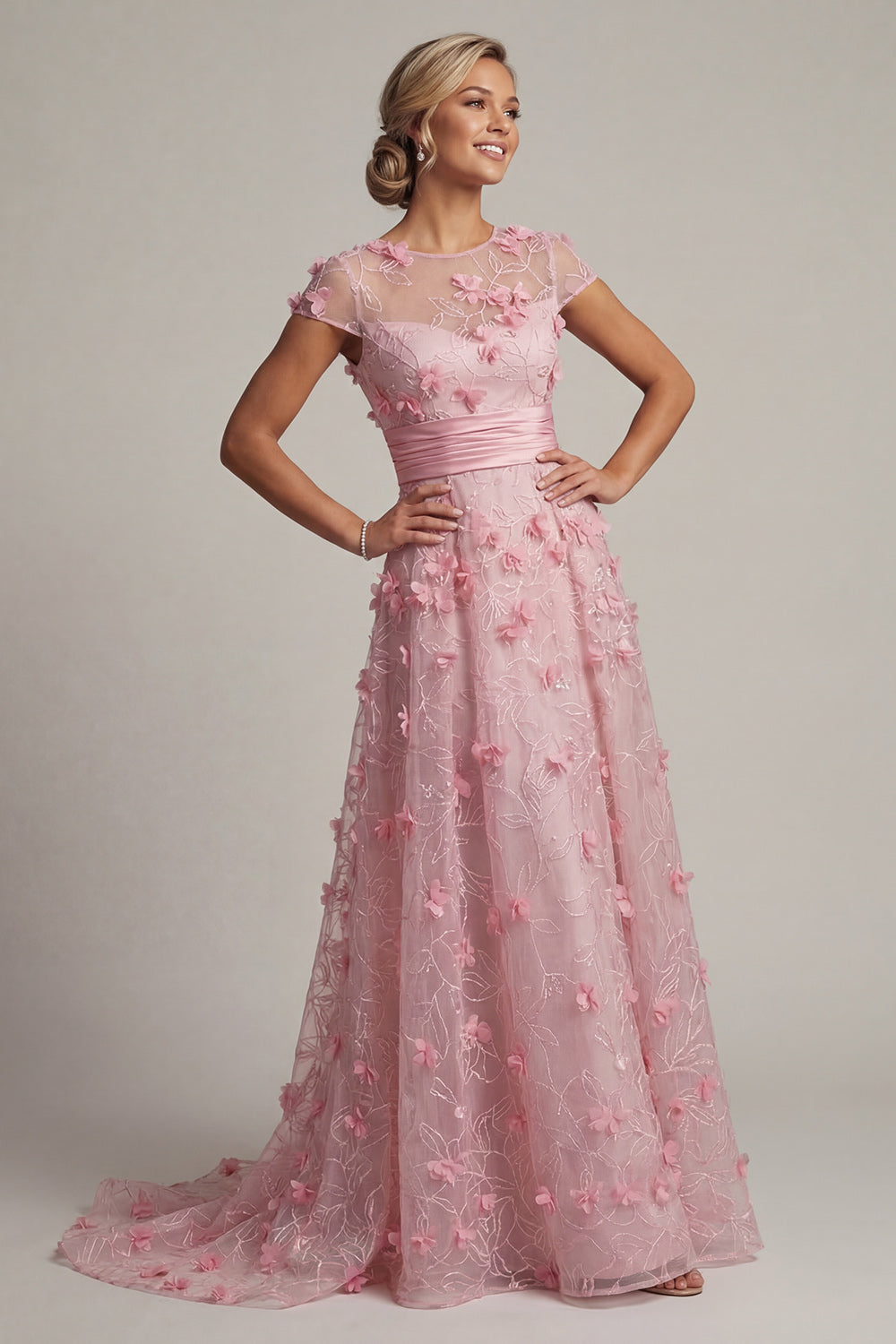 A Line Pink Long Floral Short Sleeves Evening Dress