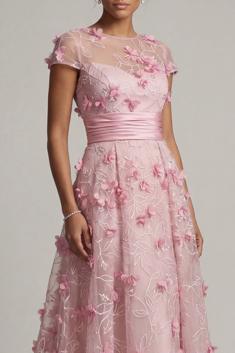 A Line Pink Long Floral Short Sleeves Evening Dress