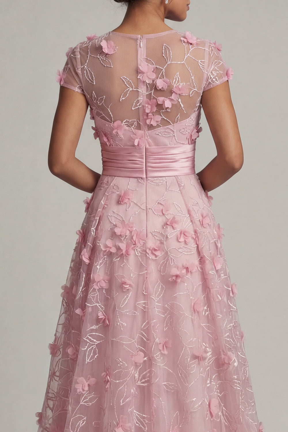 A Line Pink Long Floral Short Sleeves Evening Dress