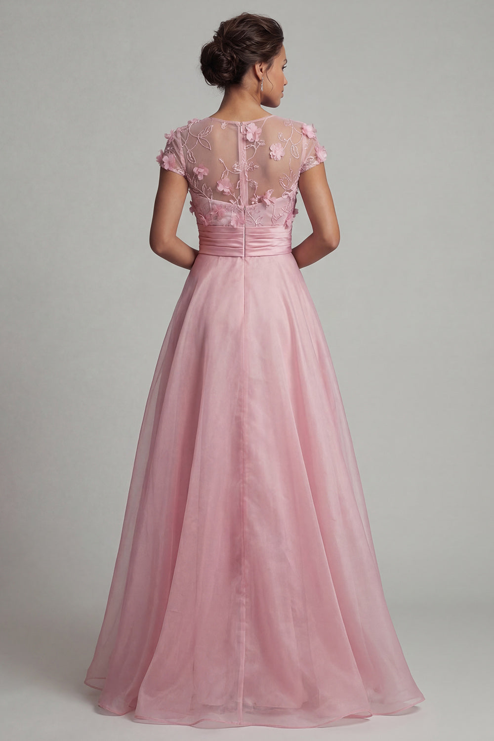 Short Sleeves Long A Line Pink Floral Formal Dress