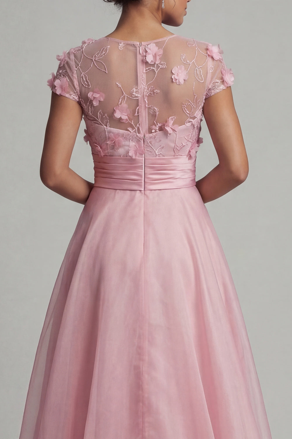 Short Sleeves Long A Line Pink Floral Formal Dress