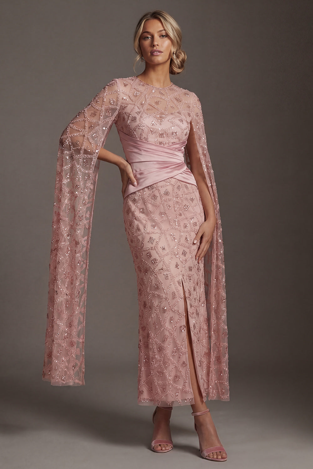 Mermaid Ruched Sparkly Blush Beaded Long Formal Dress with Cape