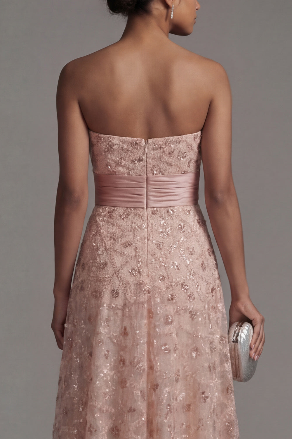 Strapless Long Sparkly Blush A Line Beaded Formal with Cape