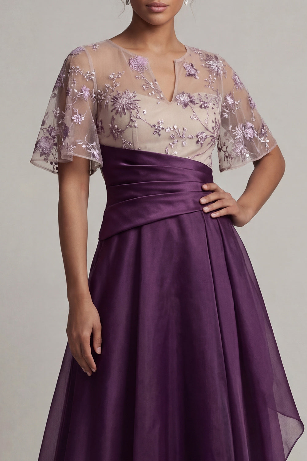 Flutter Sleeves Long A Line Dark Purple Floral Formal Dress with Ruffles
