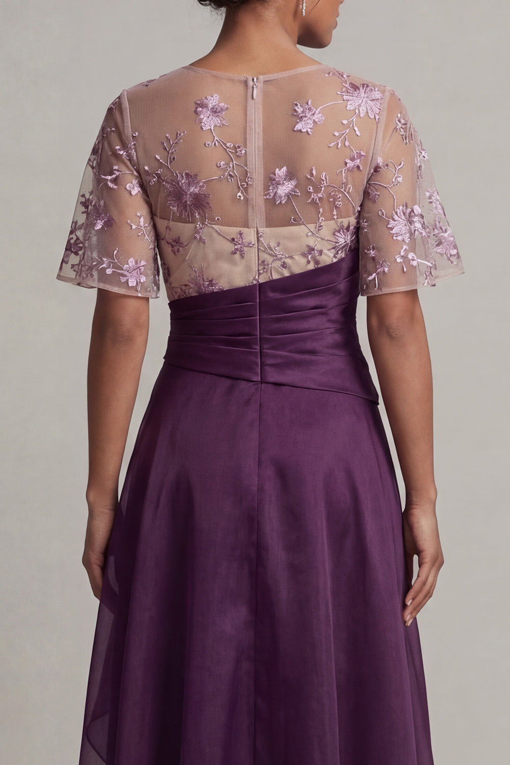 Flutter Sleeves Long A Line Dark Purple Floral Formal Dress with Ruffles
