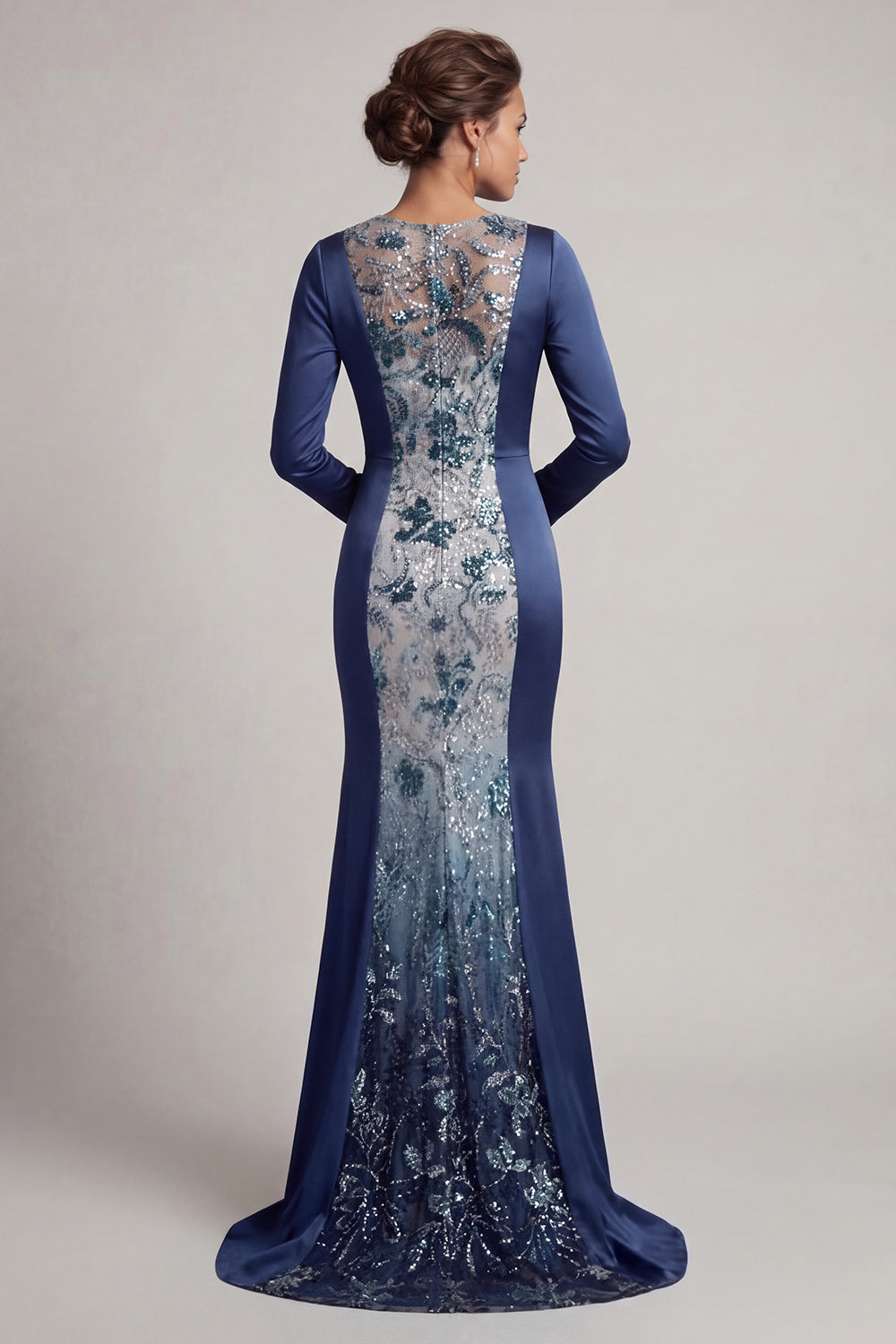 Mermaid Sparkly Navy Beaded Long Round Neck Formal Dress