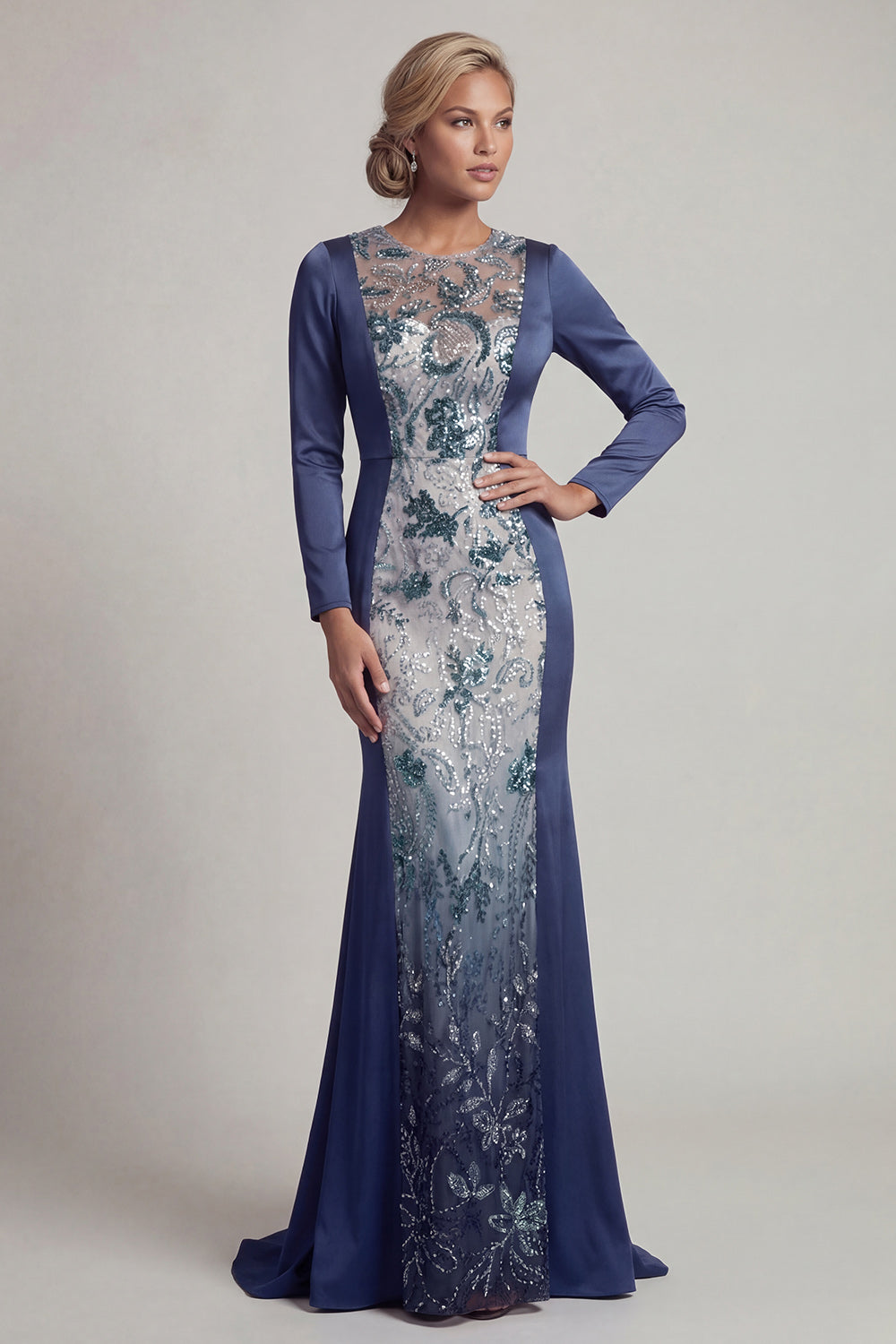 Mermaid Sparkly Navy Beaded Long Round Neck Formal Dress