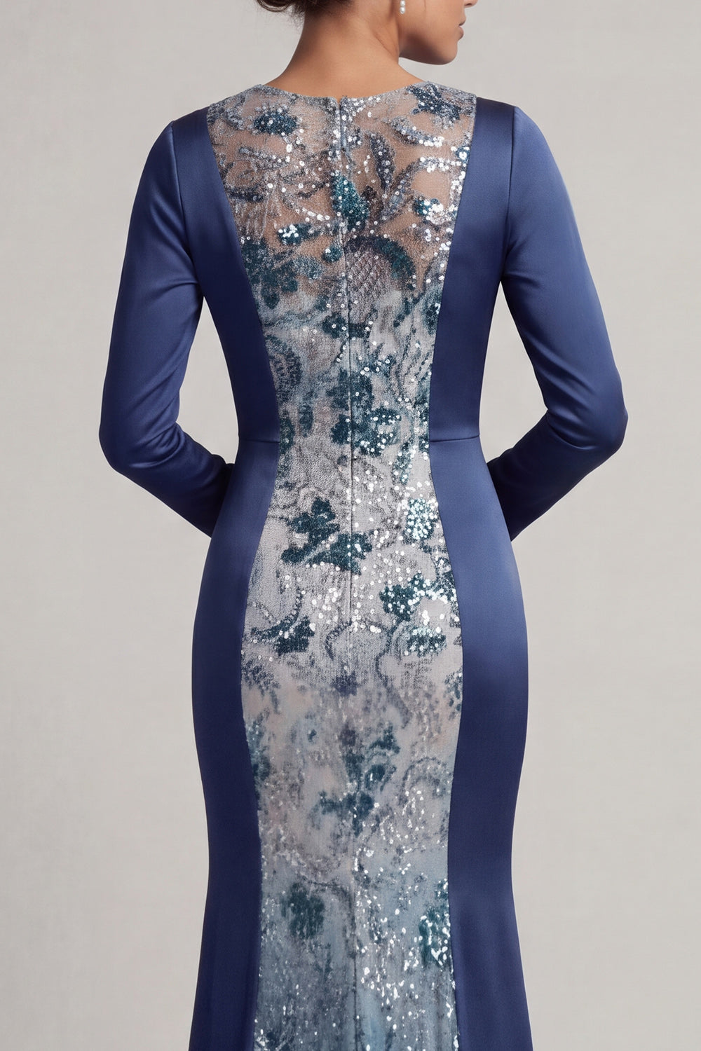 Mermaid Sparkly Navy Beaded Long Round Neck Formal Dress