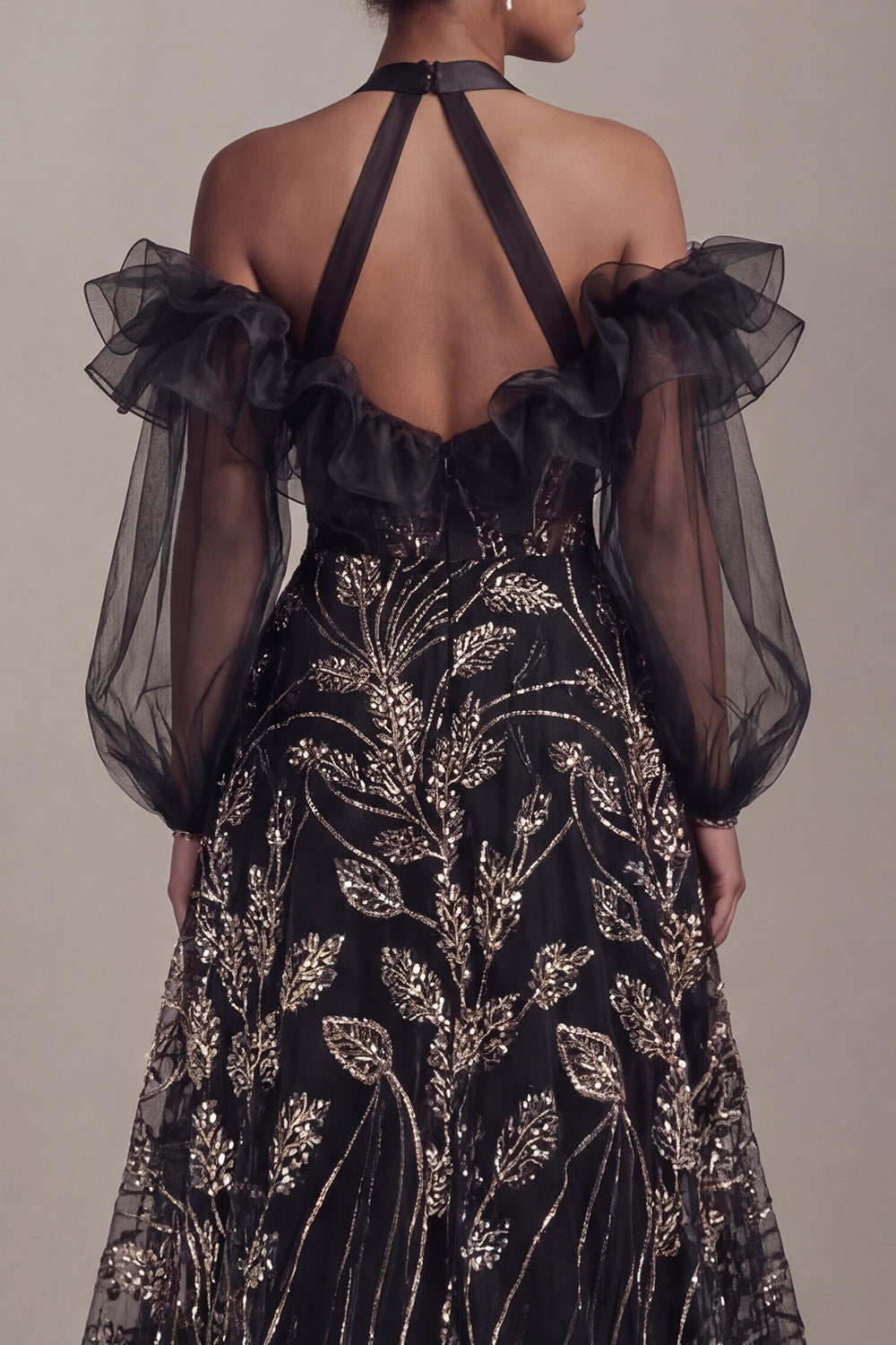 Halter Ruffled Long A Line Sparkly Black Beaded Mother of the Bride Dress with Slit