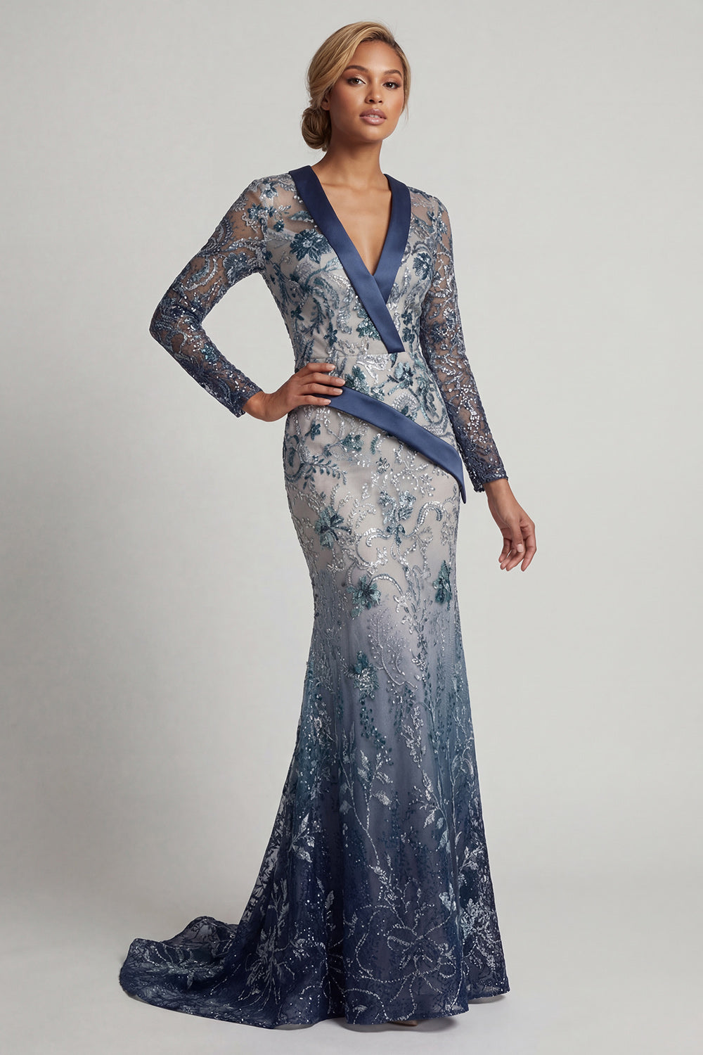 V Neck Floral Mermaid Sparkly Navy Long Beaded Mother of the Bride Dress