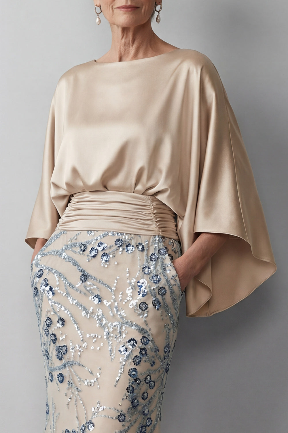 Sparkly Champagne Beaded Floral Mermaid Long Mother of the Bride Dress with Pockets