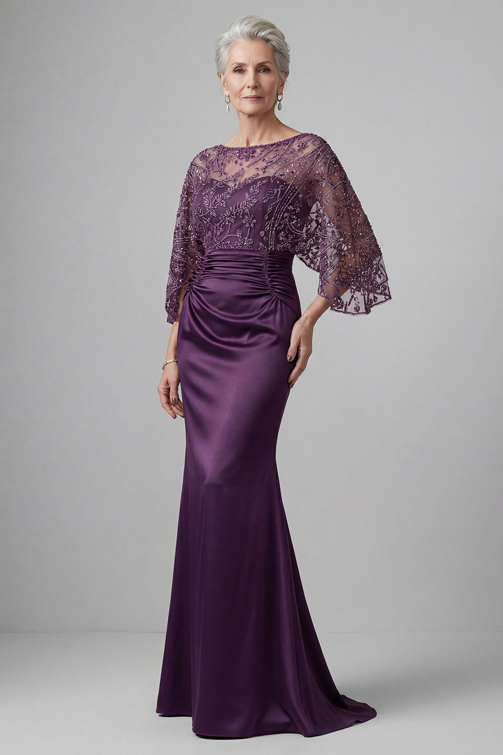 Long Mermaid Beaded Sparkly Dark Purple Boat Neck Mother of the Bride Dress