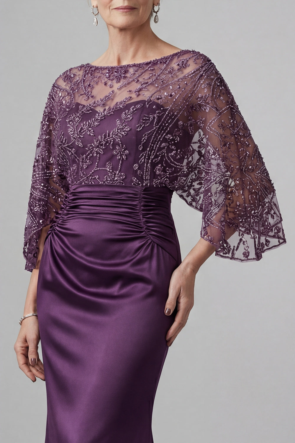 Long Mermaid Beaded Sparkly Dark Purple Boat Neck Mother of the Bride Dress