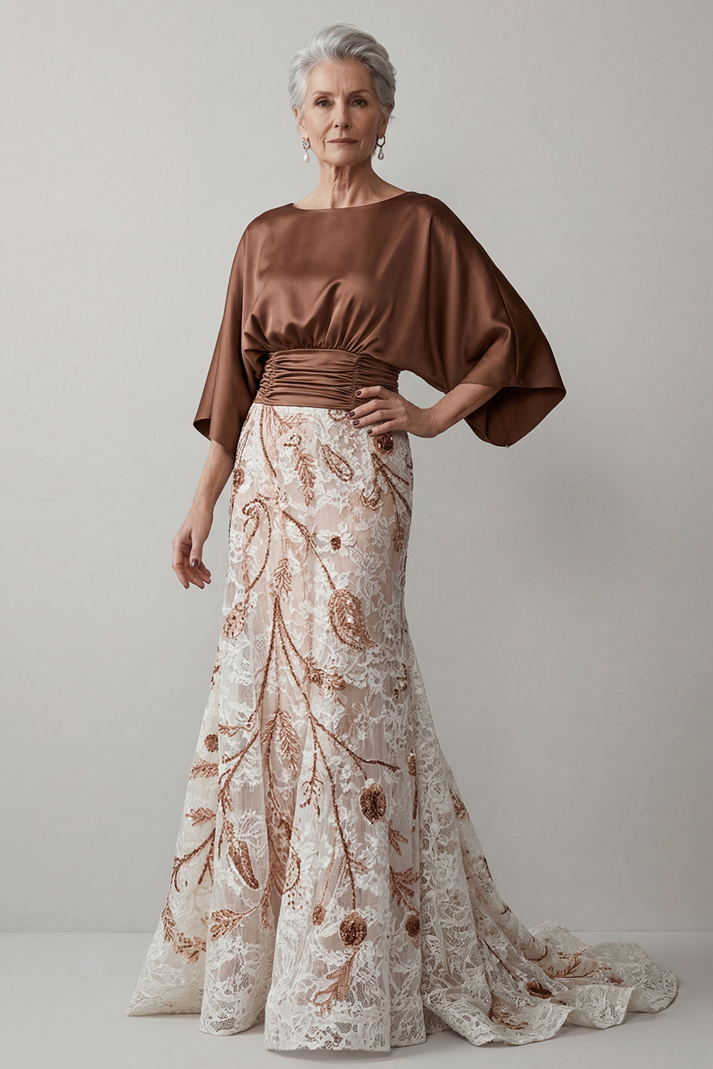 Ruched Mermaid Floral Lace Boat Neck Coffee Long Mother of the Bride Dress