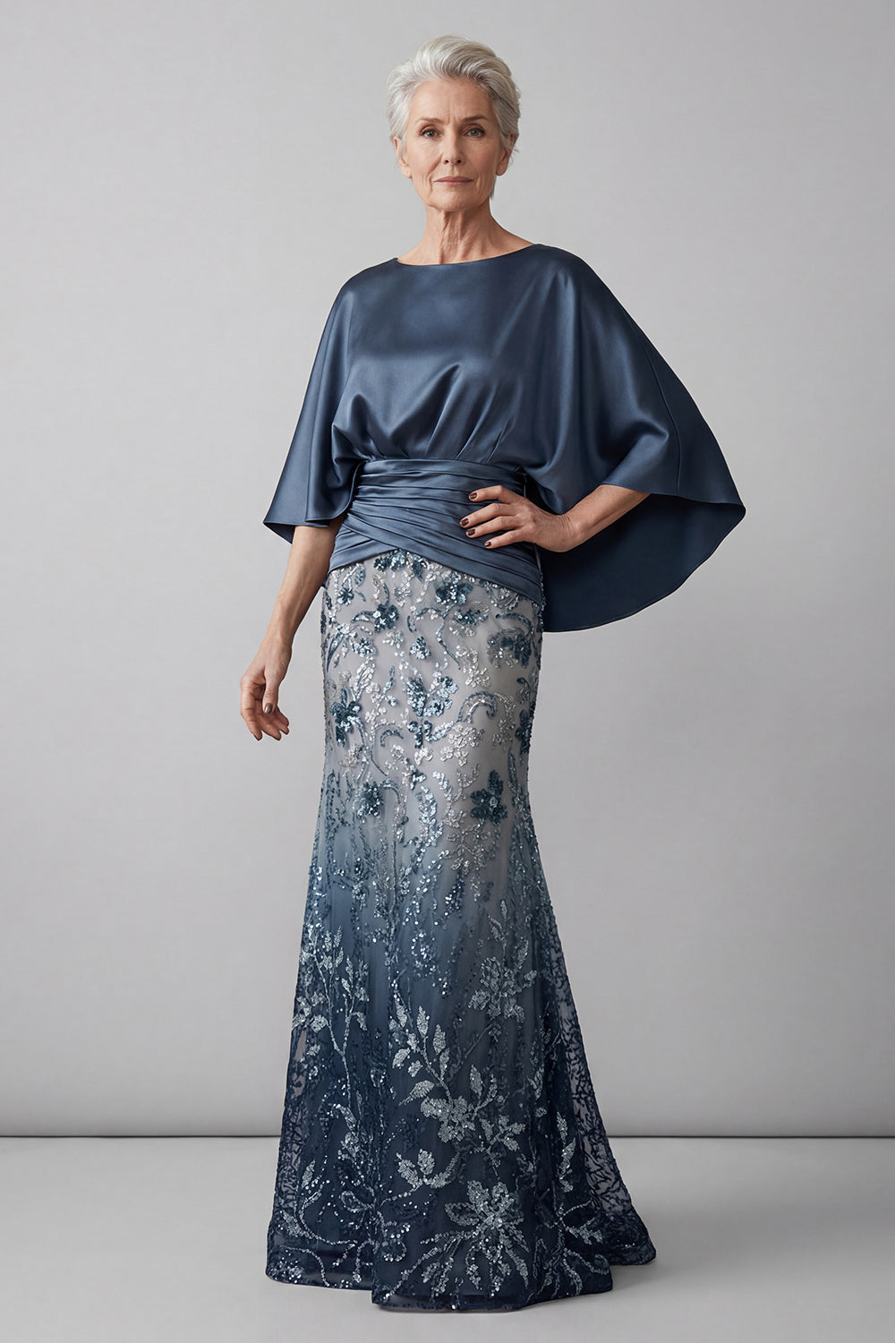 Sparkly Navy Mermaid Long Floral Sequin Mother of the Bride Dress