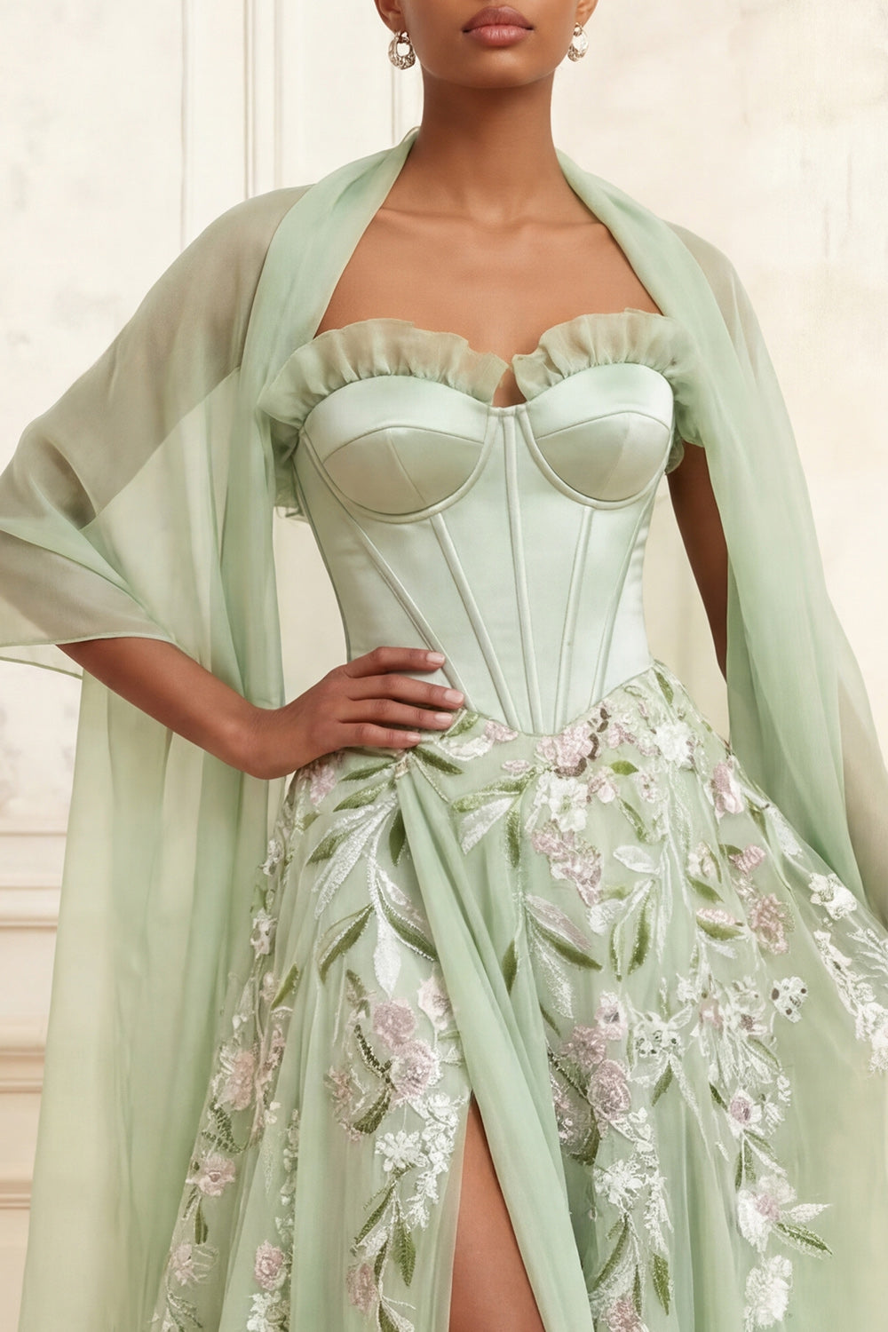 Corset Ruffled Floral Dusty Sage Long A Line Formal Dress with Shawl