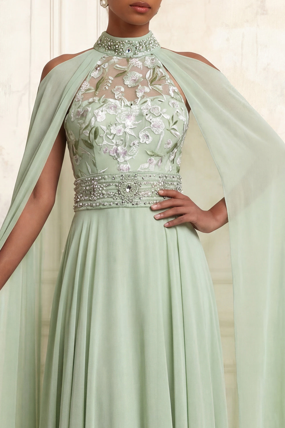 Floral Dusty Sage Beaded High Neck Long A Line Formal Dress with Cape