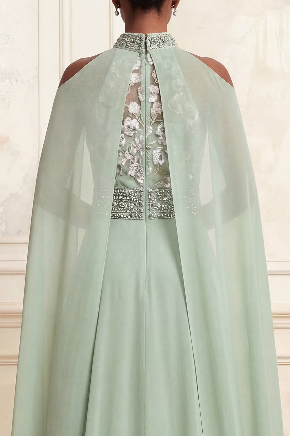 Floral Dusty Sage Beaded High Neck Long A Line Formal Dress with Cape