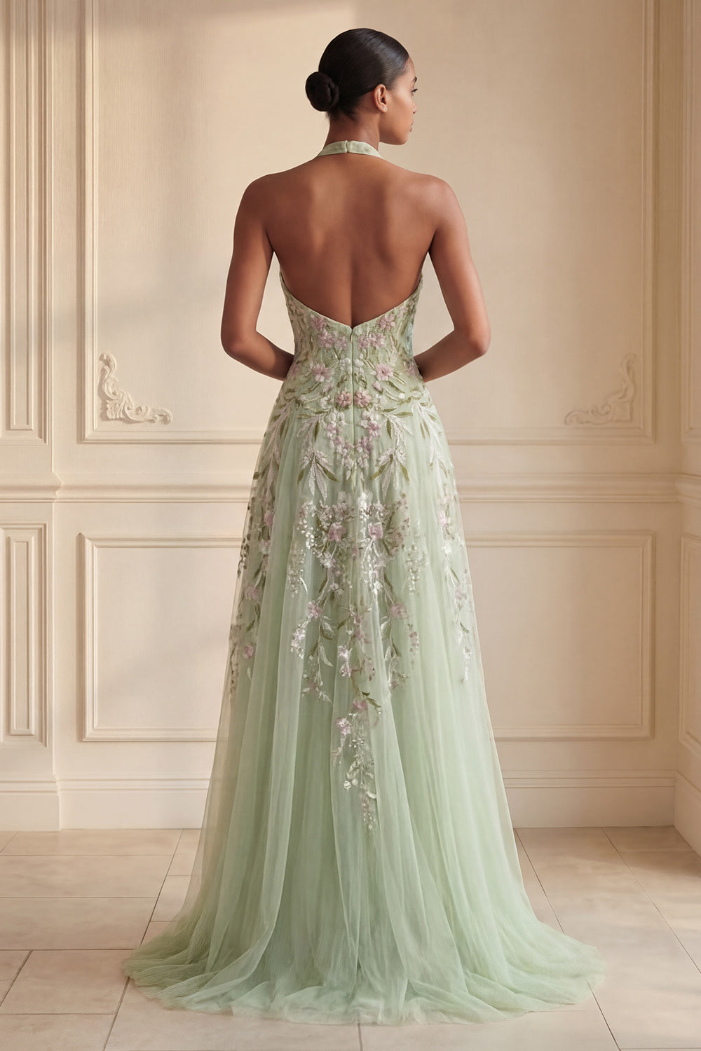 Floral Long Halter A Line Dusty Sage Prom Dress with Slit