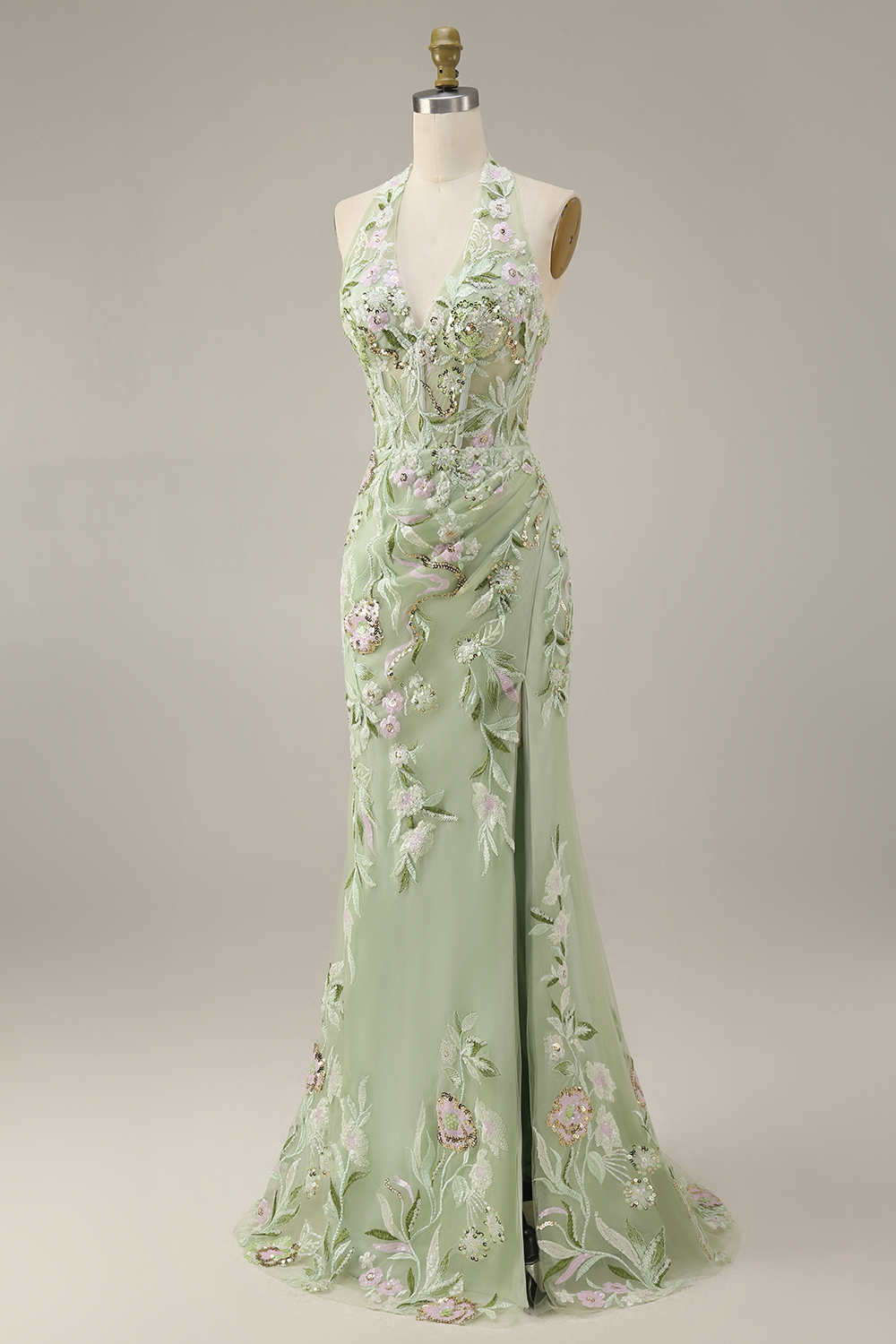 Corset Sheath Long Halter Ruched Floral Dusty Sage Prom Dress with Slit