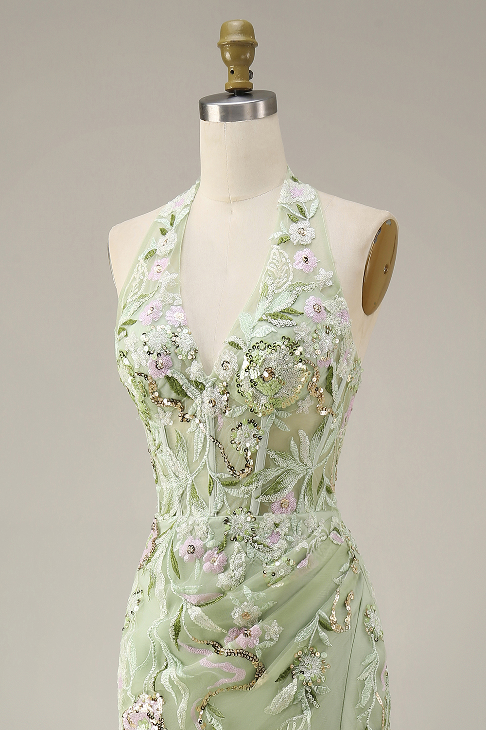 Corset Sheath Long Halter Ruched Floral Dusty Sage Prom Dress with Slit