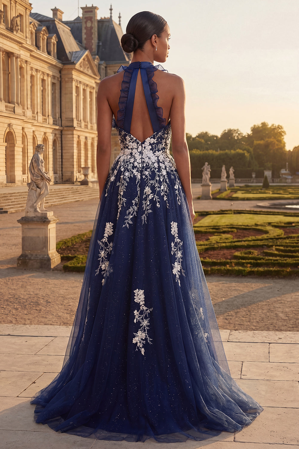Halter Long Ruched A Line Floral Navy Glitter Prom Dress with Ruffles