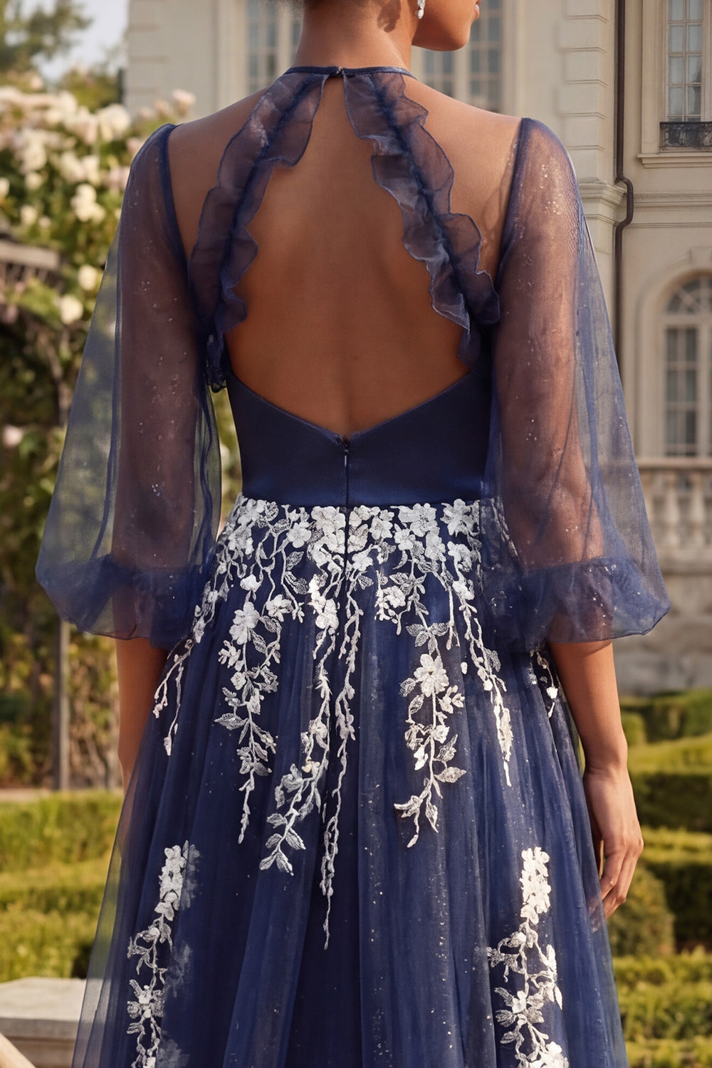 Ruffled 3/4 Sleeves A Line Floral Navy Glitter Long Prom Dress with Slit
