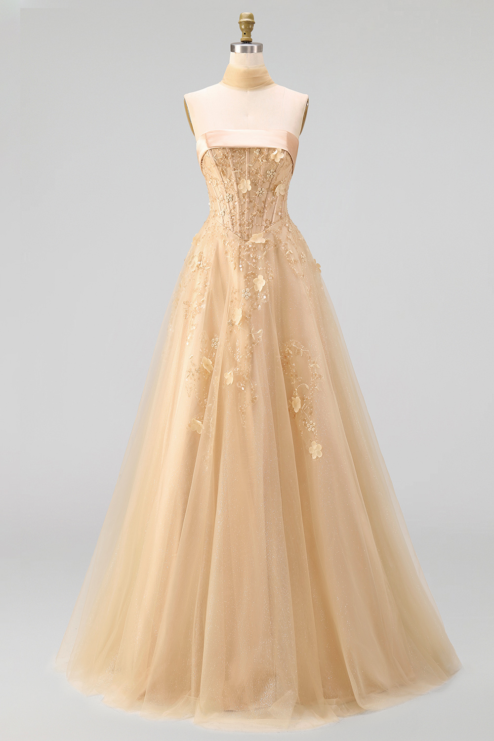 Floral Strapless A Line Corset Blush Neck Scarf Long Prom Dress