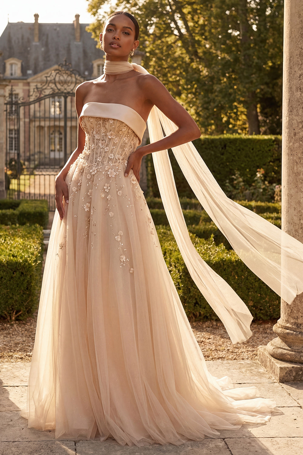 Floral Strapless A Line Corset Blush Neck Scarf Long Prom Dress