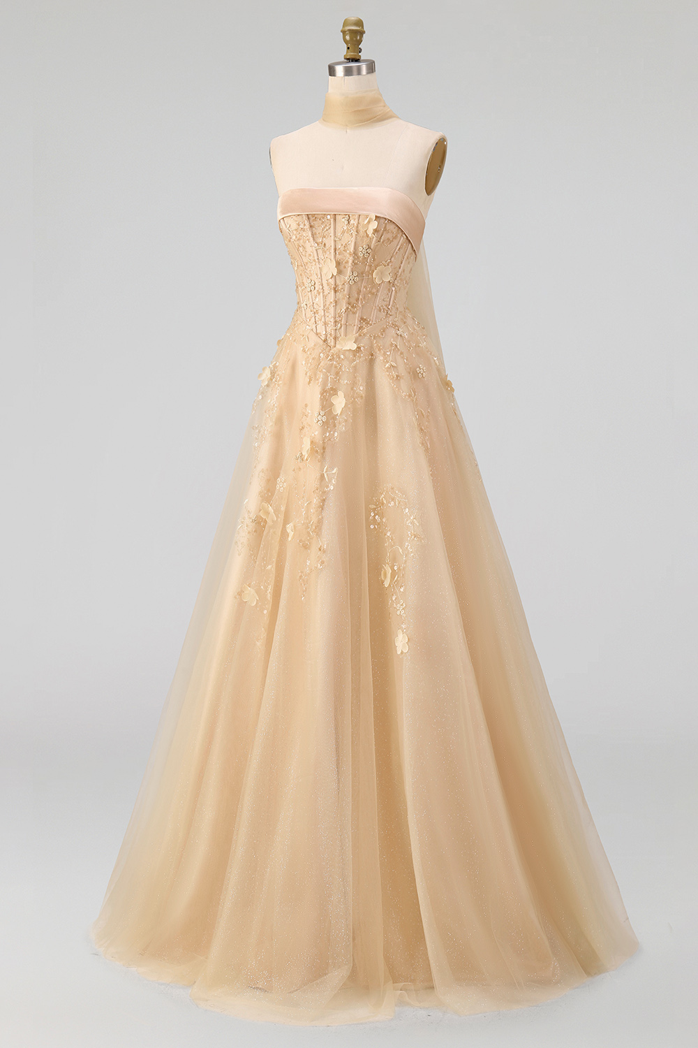 Floral Strapless A Line Corset Blush Neck Scarf Long Prom Dress