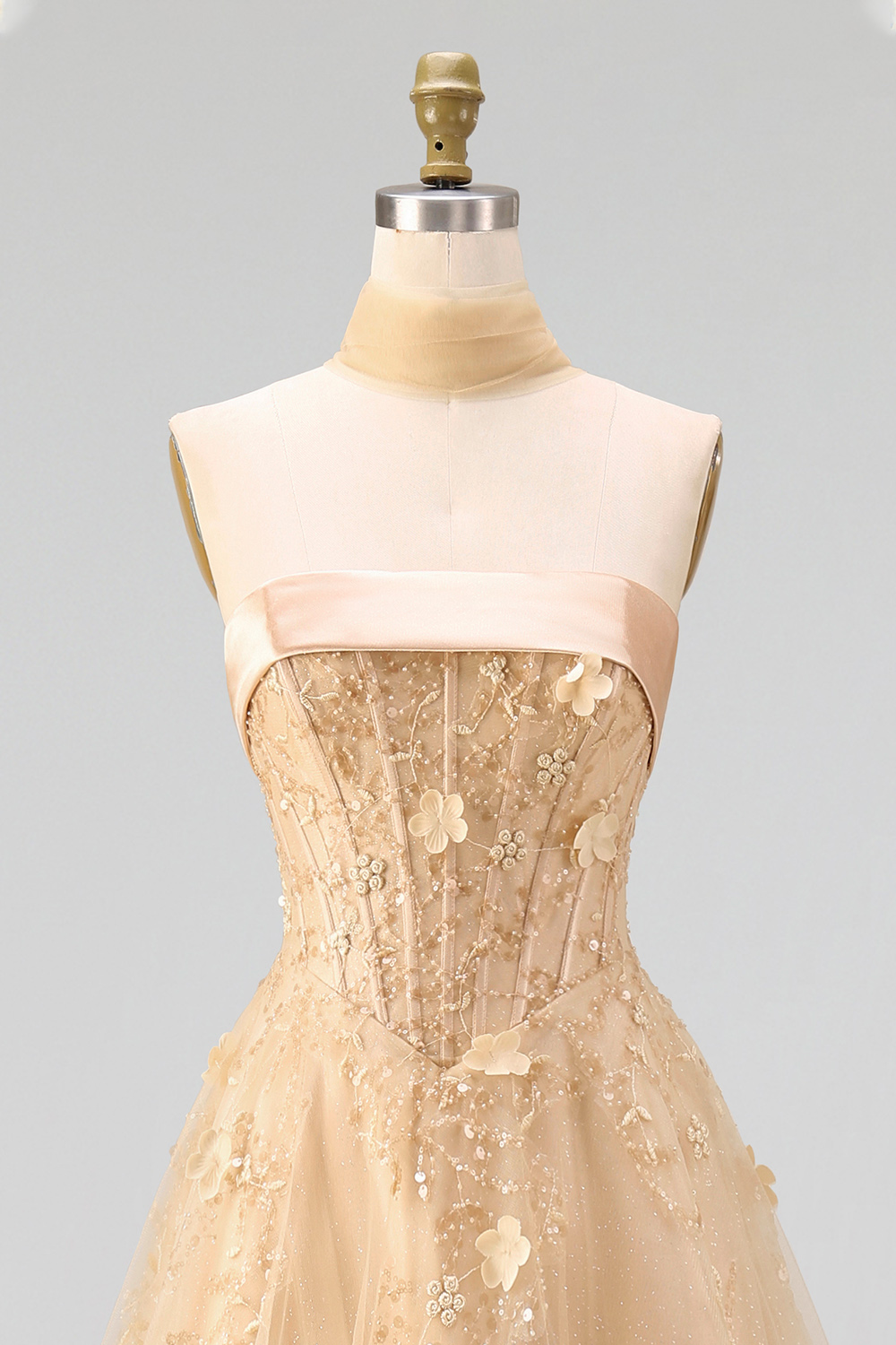Floral Strapless A Line Corset Blush Neck Scarf Long Prom Dress