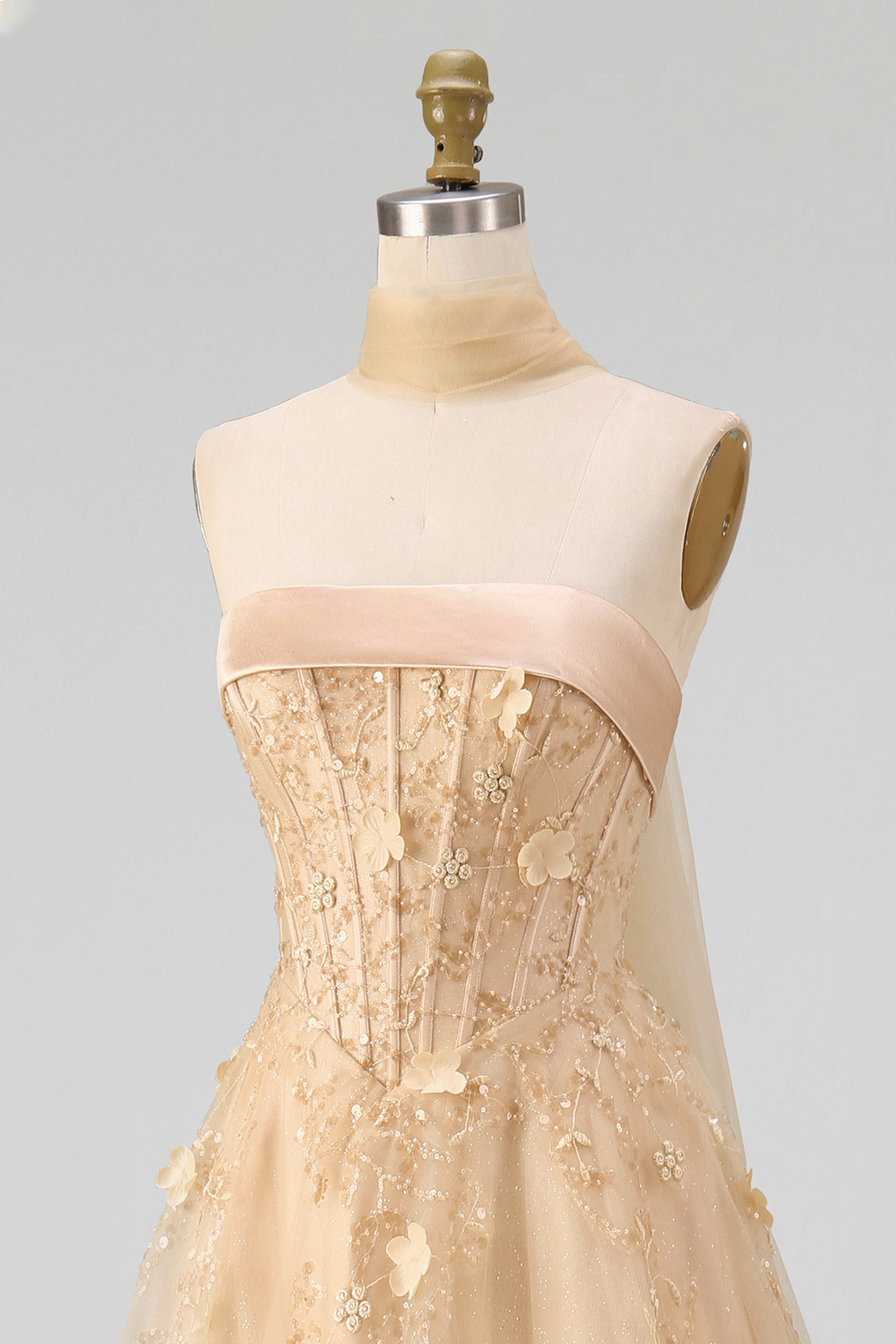 Floral Strapless A Line Corset Blush Neck Scarf Long Prom Dress