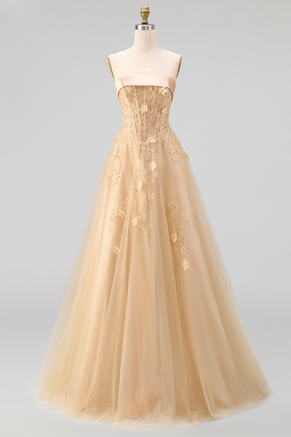 Floral Strapless A Line Corset Blush Neck Scarf Long Prom Dress
